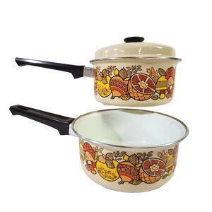 3 pc GHC Mushroom Pots Pan w Lid Porcelain Enamel on  Metal 1970s VTG 1 & 2 QT